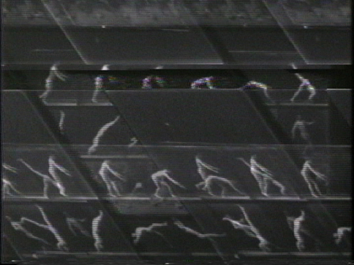Peer Bode video still from Video Locomotion (man performing forward hand leap) 1978